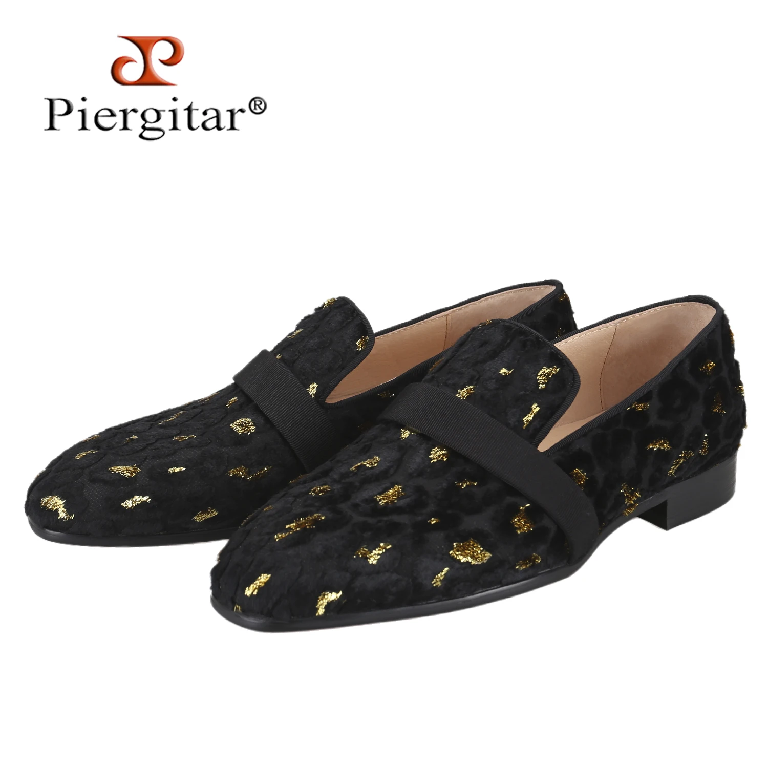 Piergitar Customized Golden Print Of Black Silk Velvet Men Loafers With Handmade Ribbon CL Brand Same Model Red Bottom Moccasins
