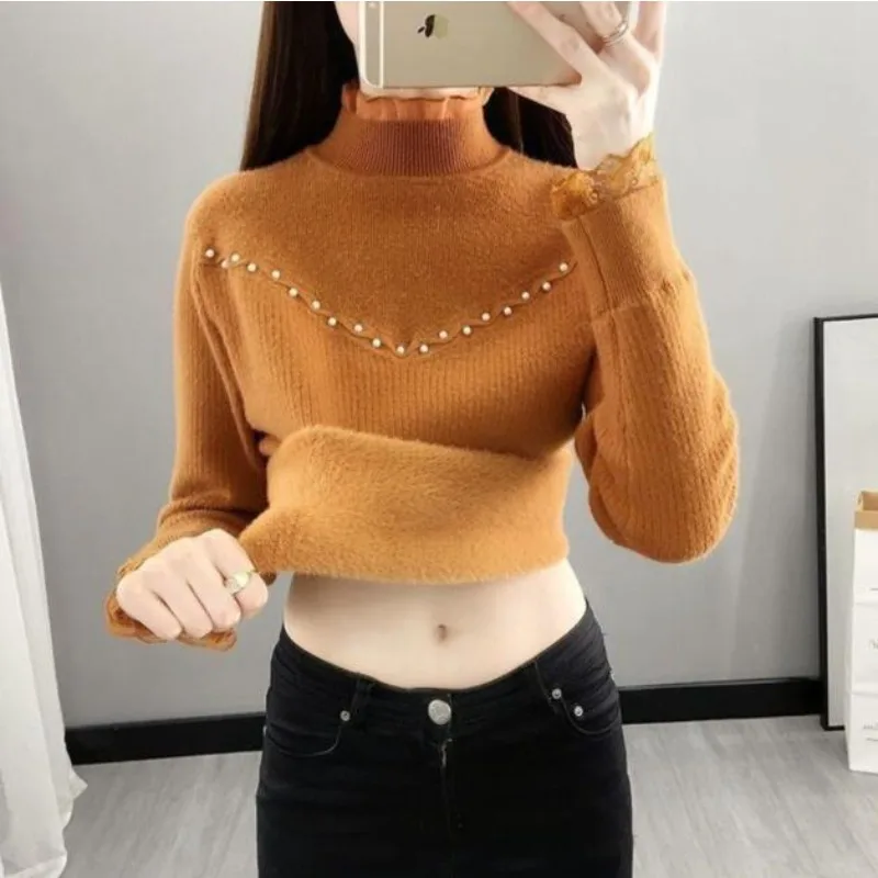 

Winter New Women Casual Warm Knit Pullovers Thicken Plus Velvet Turtleneck Sweaters Female Fashion Ribbed Fleece Lined Knitwear