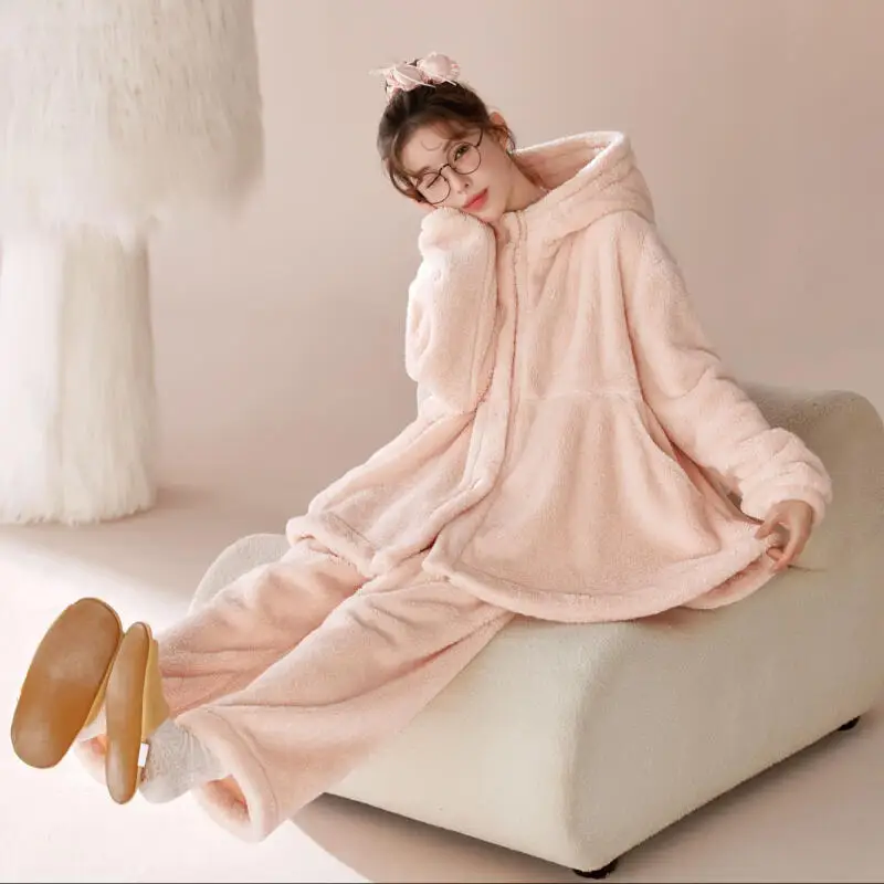 

Girl's Student Sweet Hooded Sleepwear Loungewear Pajamas Homewear Spring Autumn Winter Women's Coral Fleece Thicken Loose Suit