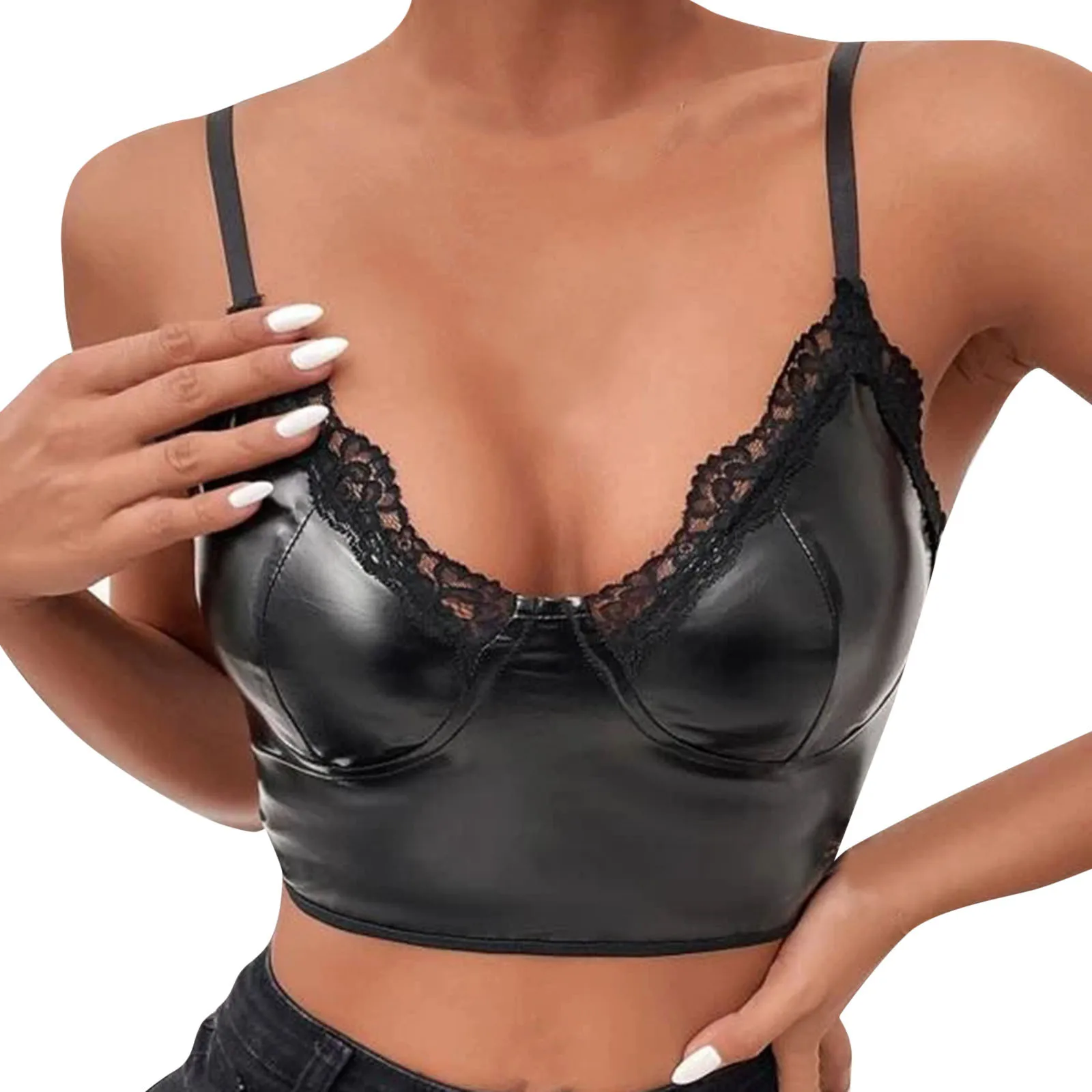 

Womens Vest Bra Lace PU Leather Sexy Patent Leather Lace Strap Chest Bullet Cup Bra Brooch Lace Line Lingerie Unlined Bra NEW