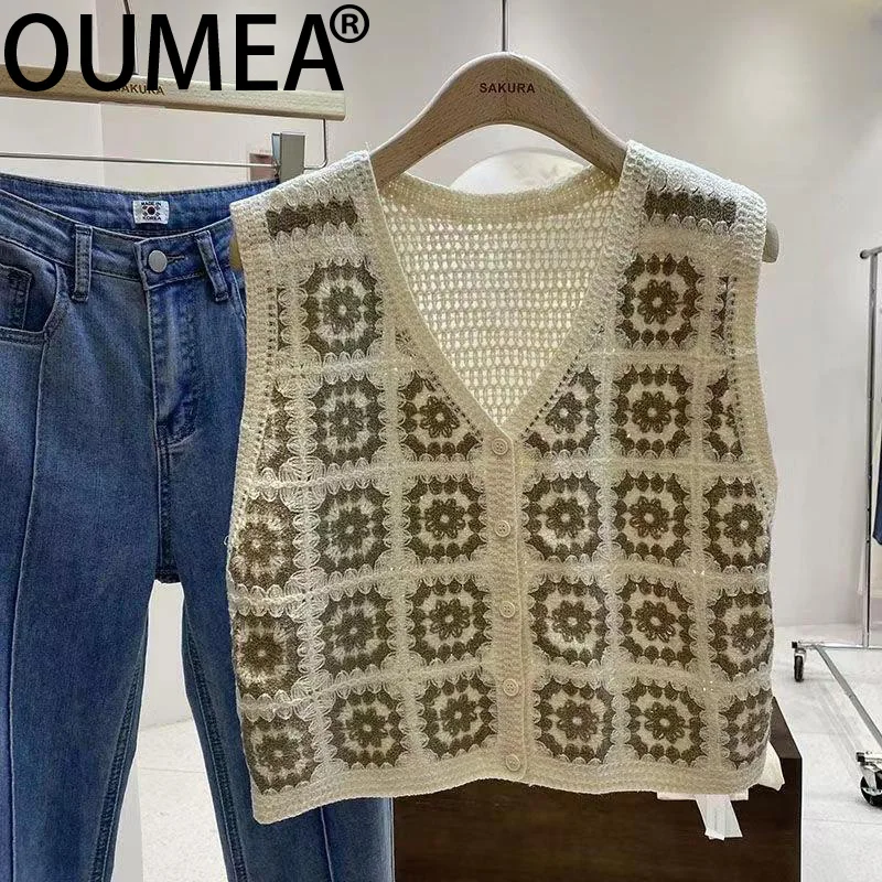 OUMEA Women Boho Style Sweater Vest Check Pattern Spring Ethnic Cardigan Buttons Front Vintage Knitting Hollow Out Cardigan