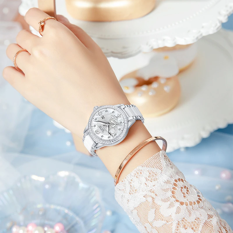 GUANQIN Luxury Women's Quartz Watch Mother-of-Pearl Dial LOVE Element Luminous Hands Leisure 30M Waterproof Watch for Lady Gifts