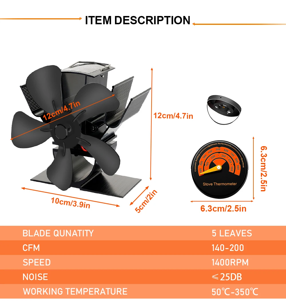 5 Blade Heat Powered Stove Fan Mini Fireplace Fan Log Wood Burner Eco-fan Quiet Fireplace Fan Heater Efficient Heat Distribution