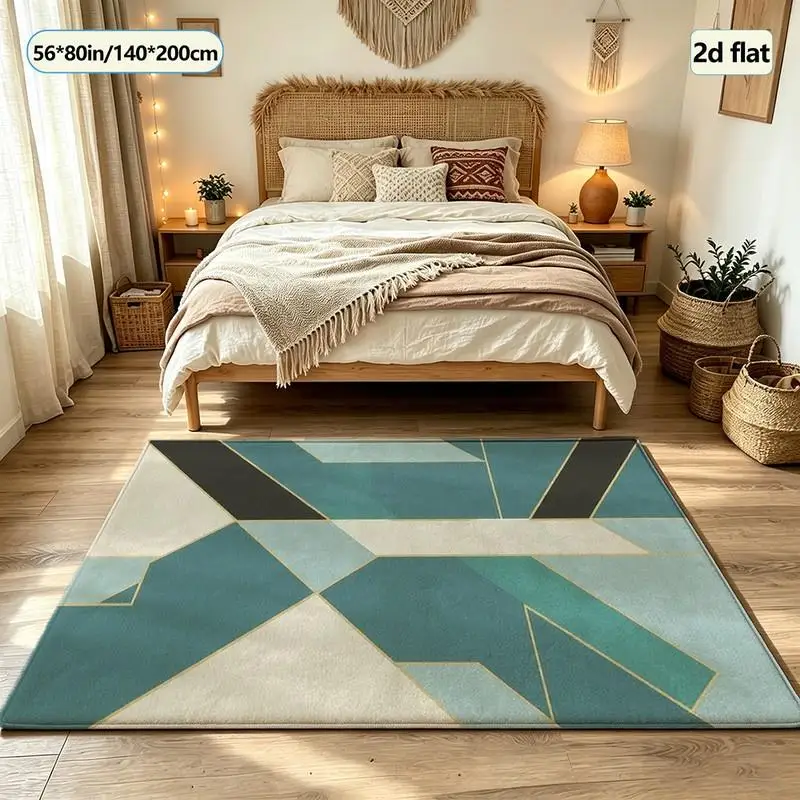 Teal Green Gold Thread Geometric Pattern Carpet Flooring Mid-Century Modern Home Interior Living Room Bedroom Floor Carpet