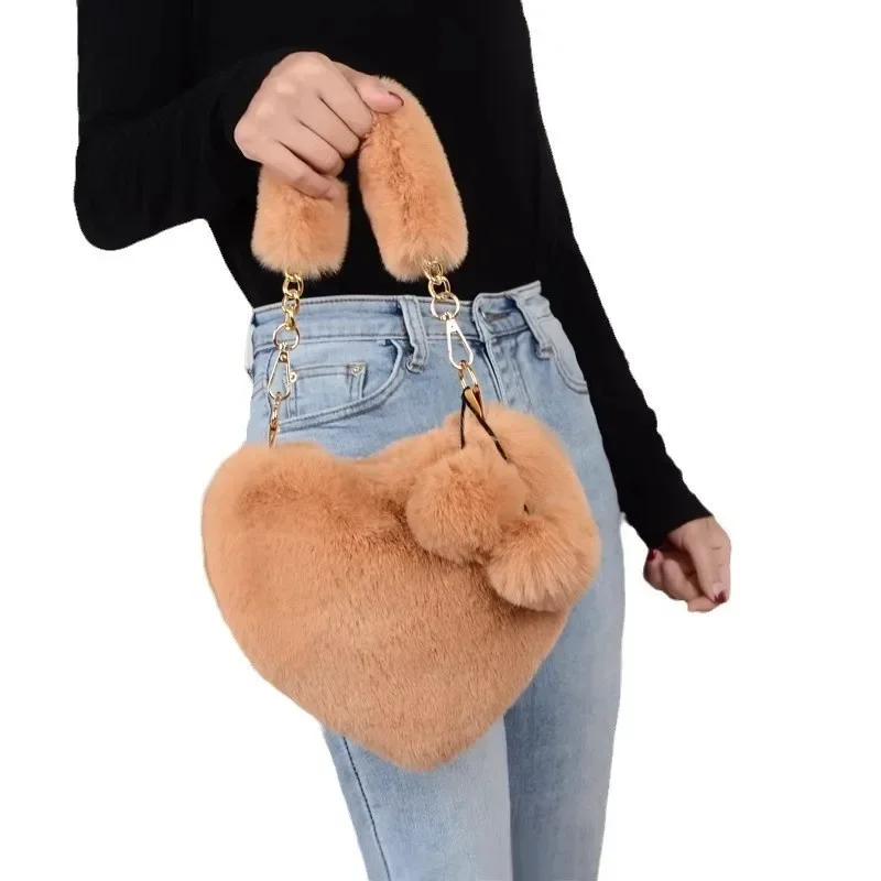 Fashion Women's Heart Shaped Handbags Cute Kawaii Faux Fur Crossbody Bags Wallet Purse Plush Chain Shoulder Bag Lady Handbag