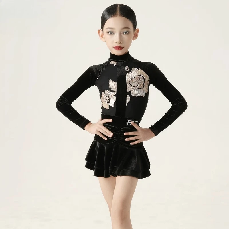

Spring and Autumn High-end printed Latin dance practice clothing, children's performance clothing, girls' Latin dance dress set