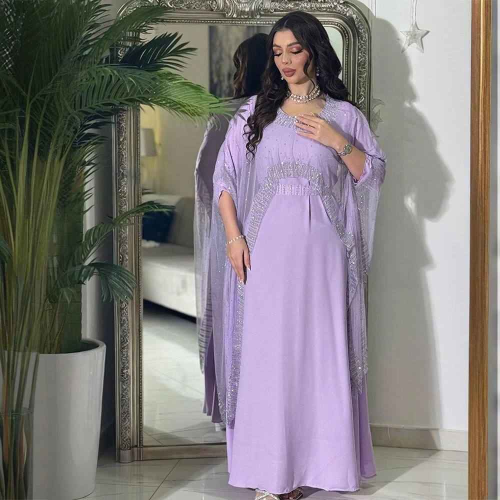 

Muslim Sets Elegant Muslim Women Summer Long Sleeve V-neck Polyester Dress Coat Matching Sets Muslim
