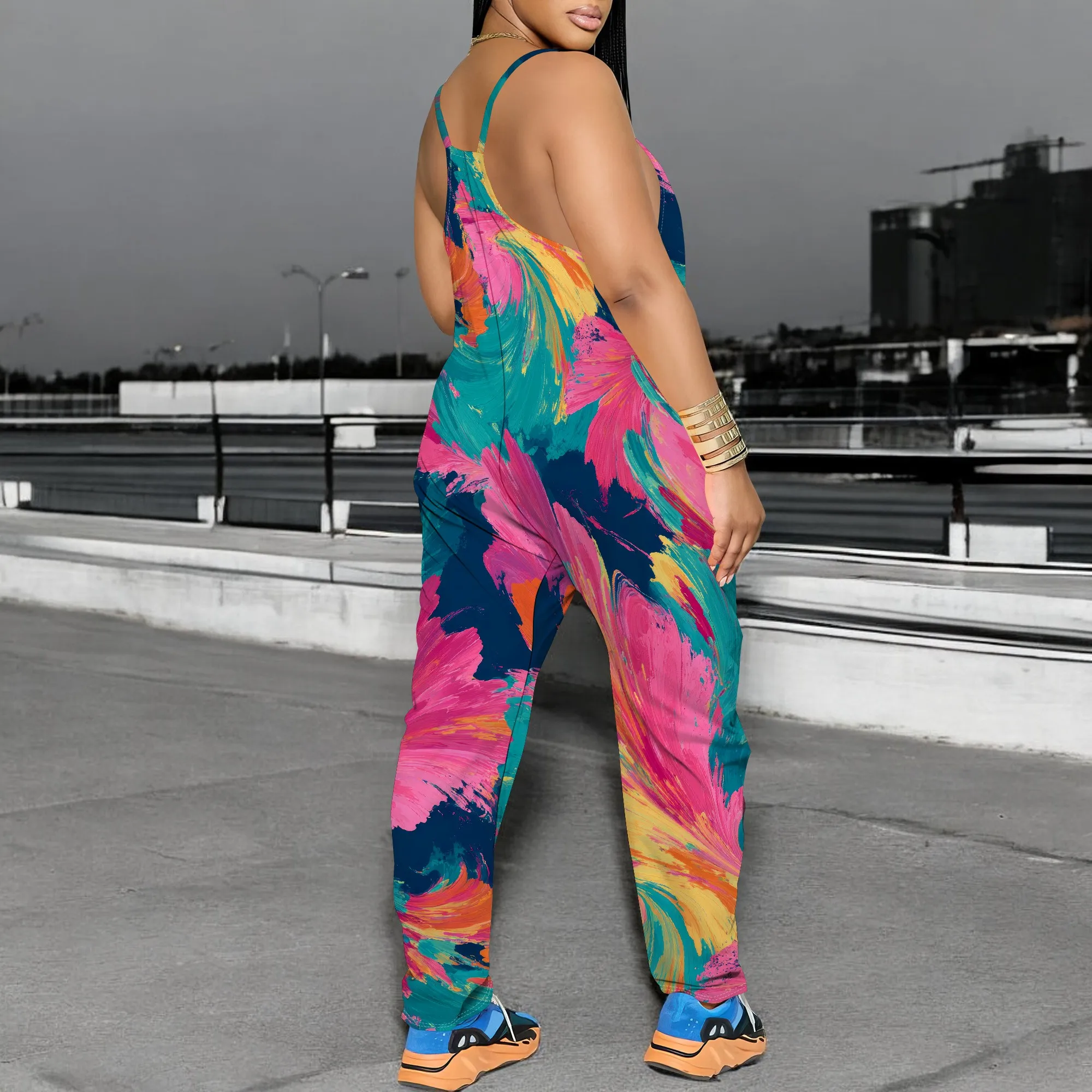 Lässige, einteilige, lockere Sommerhose für Damen, ärmelloses Design, mit Blumenmuster, lockere Passform, mit Taschen