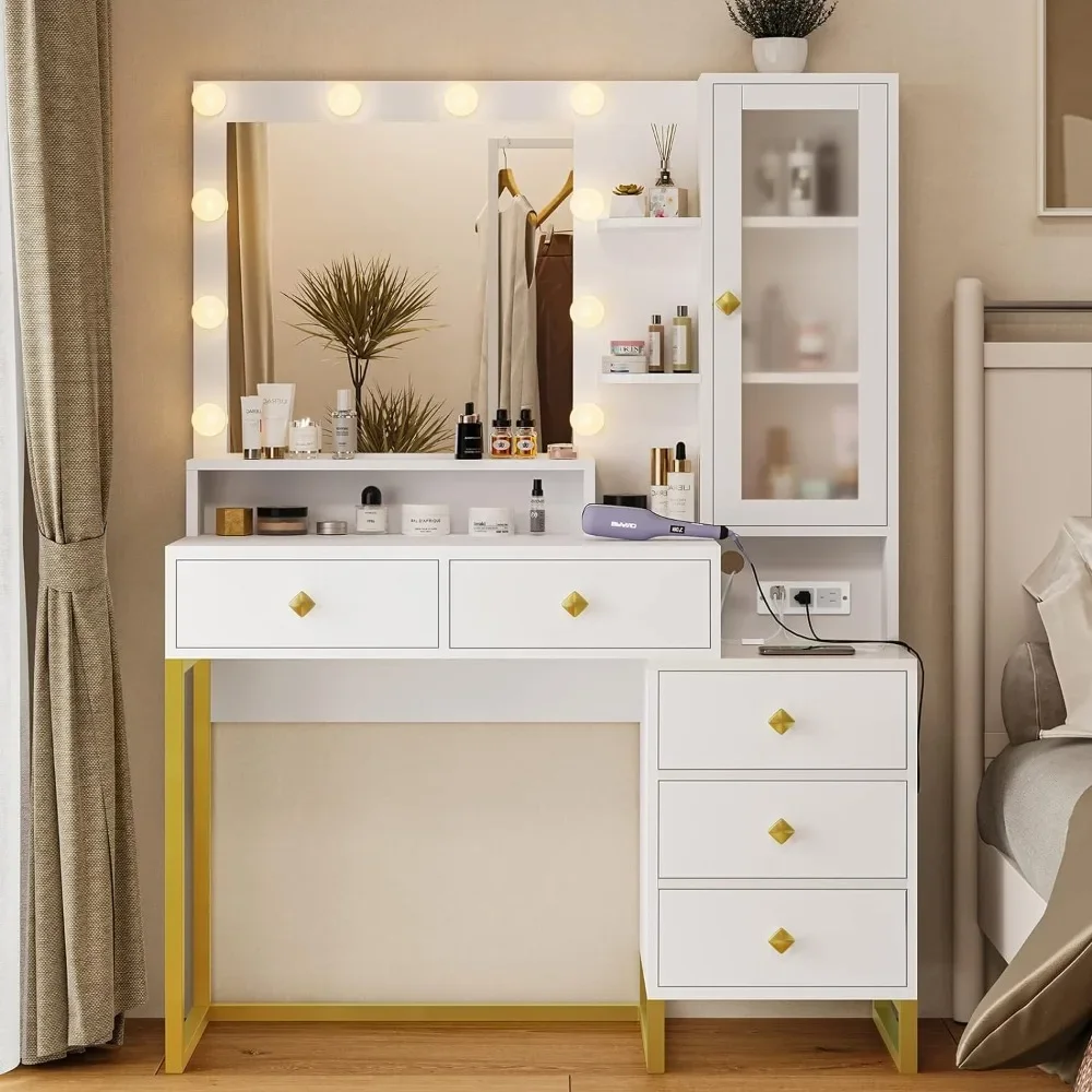 Makeup Table With 5 Drawers & Shelves Vanity Table Set Large Vanity Desk With Mirror and Lights White and Gold Bedroom Furniture