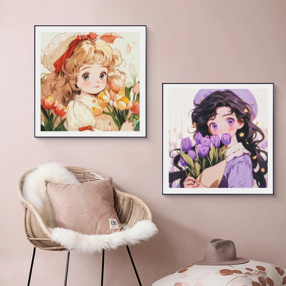 5D DIY Diamond Painting Cute Cartoon Girl Full Round Diamond Mosaic Embroidery Anime Girl Cross Stitch Set Home Decoration Gift