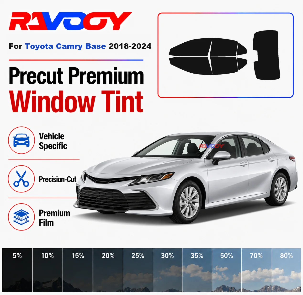 Premium Precut Window Tint Kit Front Rear Windows Rear Windshield For Toyota Camry Base 2018-2024 Complete Set Nano Ceramic Film