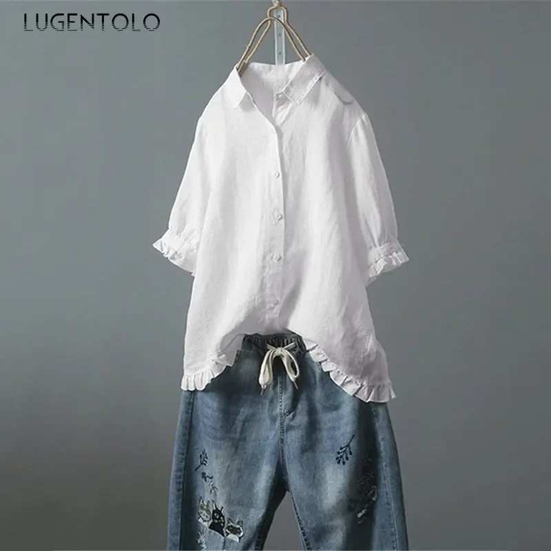 

Women Casual Versatile Shirts Single-breasted Short Ruffle Sleeves Solid Top Thin Summer Lady Simple Harajuku Linen Loose Shirt