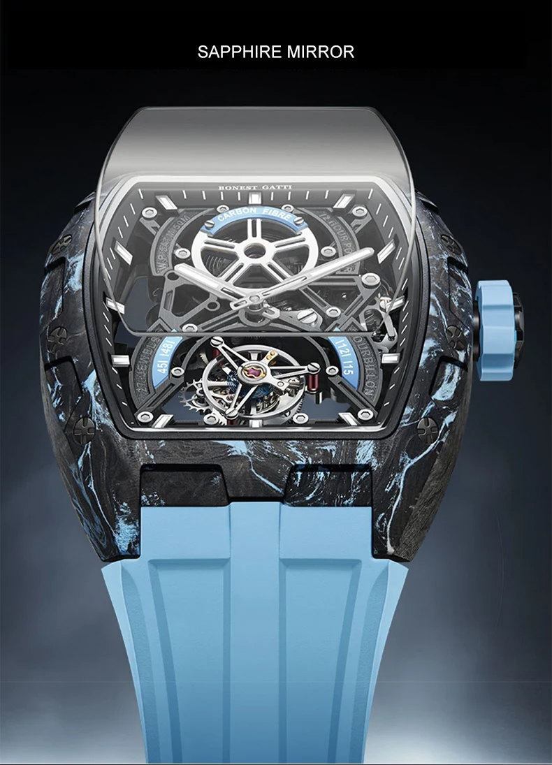 Reloj BONEST GATTI Tourbillon para hombre, 43x52mm, Tonneau, reloj de pulsera mecánico automático, caja Lume de fibra de carbono, esfera con mecanismo al descubierto, zafiro