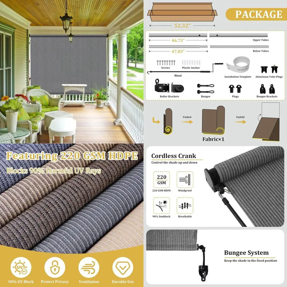 

Gray Cordless Outdoor Roll-Up Shades for Patio, Porch, Gazebo, and Balcony, 8x8 Feet with Splicing Design