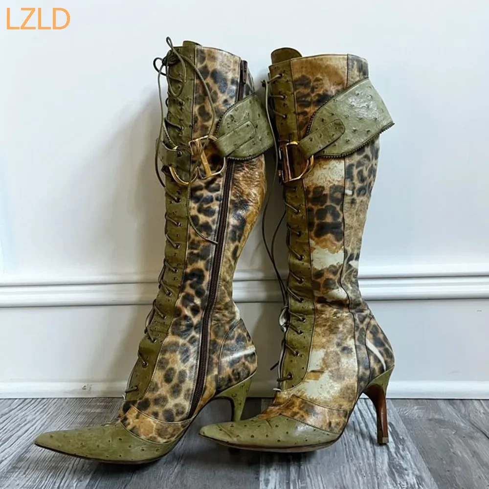 

Зеленые леопардовые пикантные женские роскошные ботинки, новинка 2025 года, ботинки на шпильке с острым ремешком и пряжкой на молнии, модные вечерние подиумные ботинки