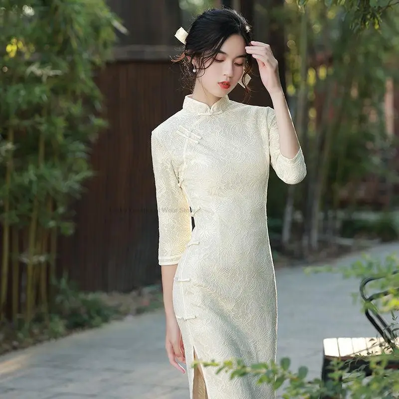 

Chinese Style Women Elegant Cheongsam Vintage Sexy Split Dress Traditional Vintage Costumes Elegant Sexy Qipao Champagne P1