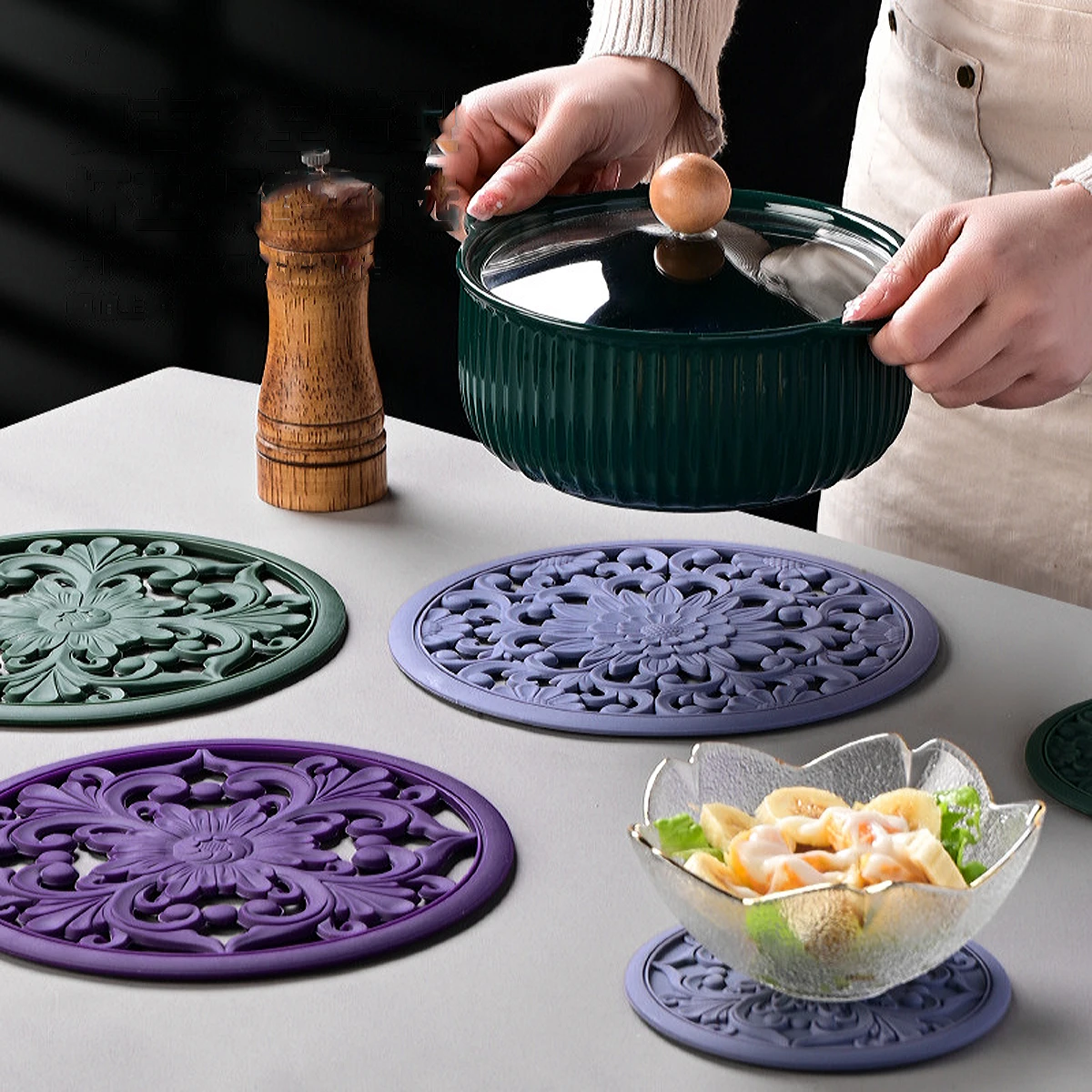 3pcs/set New Chinese Style Cutout Silicone Coaster Circular Insulation Pad Water Filter Pad Anti Scalding Mat Kitchen Accessorie