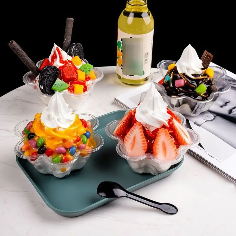 50 Pcs Plastic Flower-Shaped Sundae Cup Transparent Disposable Ice Cream Bowls Thickened 250ml/300ml Dessert Serving Cups Yogurt