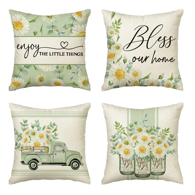 

Spring Pillow Covers 18X18 Set Of 4 Farmhouse Throw Pillows Home Spring Decorations Cushion Case For Couch