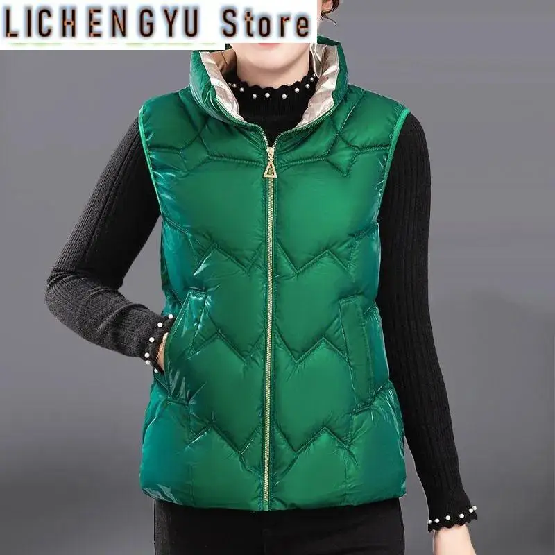 Glossy Down Cotton Vest Women's Short New Middle-aged light Warm Vest Female Standing Collar Sleeveless Parkas Waistcoat