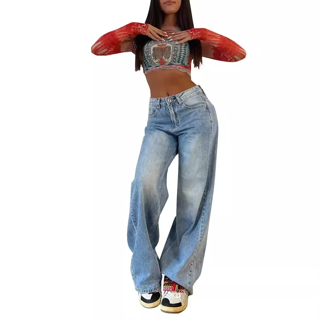 Autunno nuovi pantaloni lunghi a gamba larga da donna semplici retrò moda jeans larghi a gamba dritta a vita alta da donna