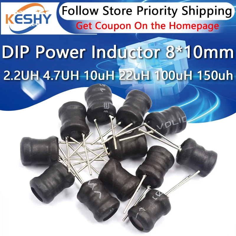 10PCS DIP Power Inductor 8X10MM 2.2UH 4.7UH 10uH 22uH 100uH 150uh 220uH 330uH 470uH 1MH 2.2MH 4.7MH 10MH Inductance 8*10mm 2Pin