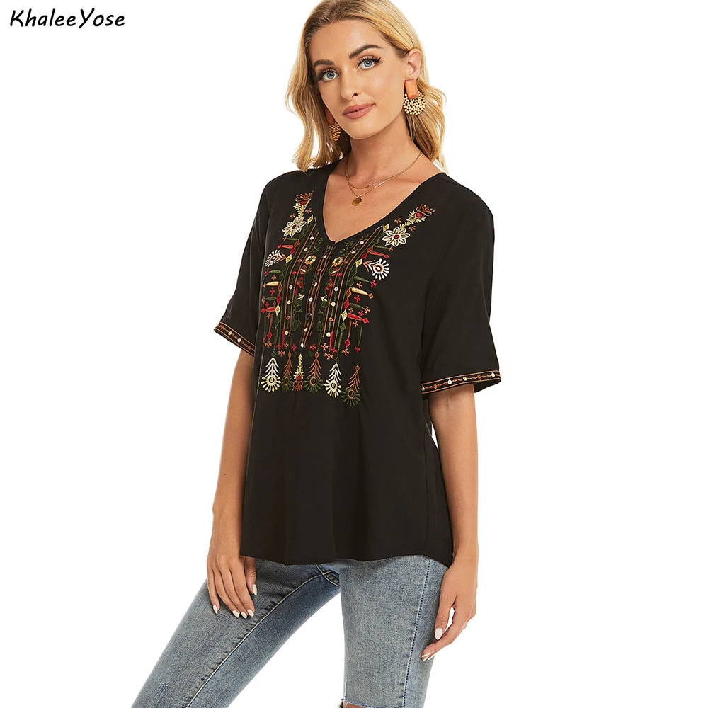 KHALEE YOSE Floral Embroidery Blouse Shirt Black Vintage Summer Mexican Women Shirt Oversized 2xl Ethnic Boho Ladies Shirt Tops