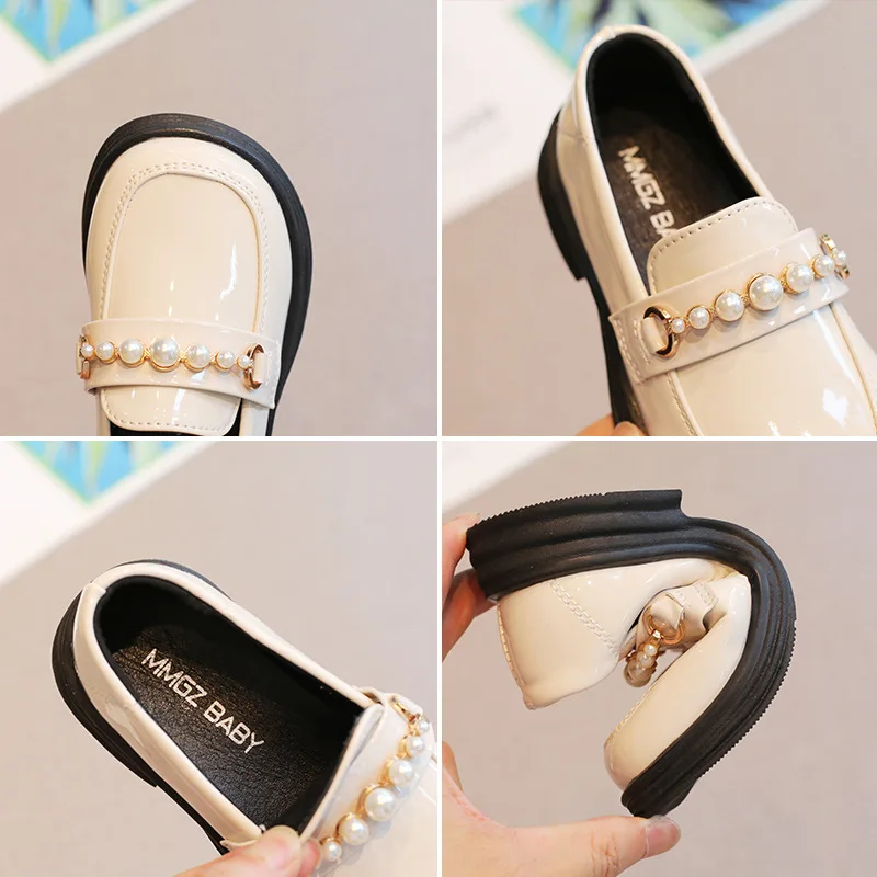 2023 New Girls Leather Shoes Spring Autumn Fashion Pearl Princess Shoes Non-slip Kids Student Shoes