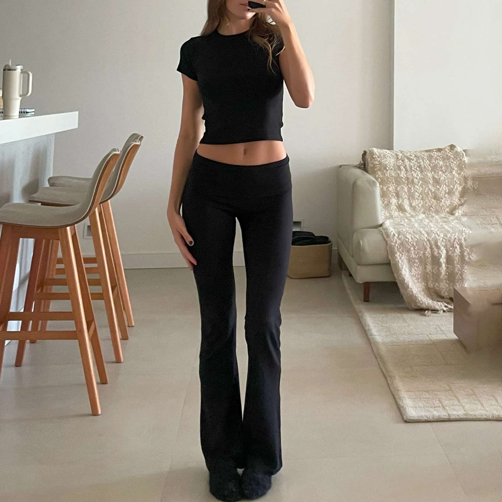 Women 2 Pieces Pants Set Outfits Solid Color Slim Fit Short Sleeve Crew Neck T-shirt with Low Waist Pants Summer Outfit Y2k