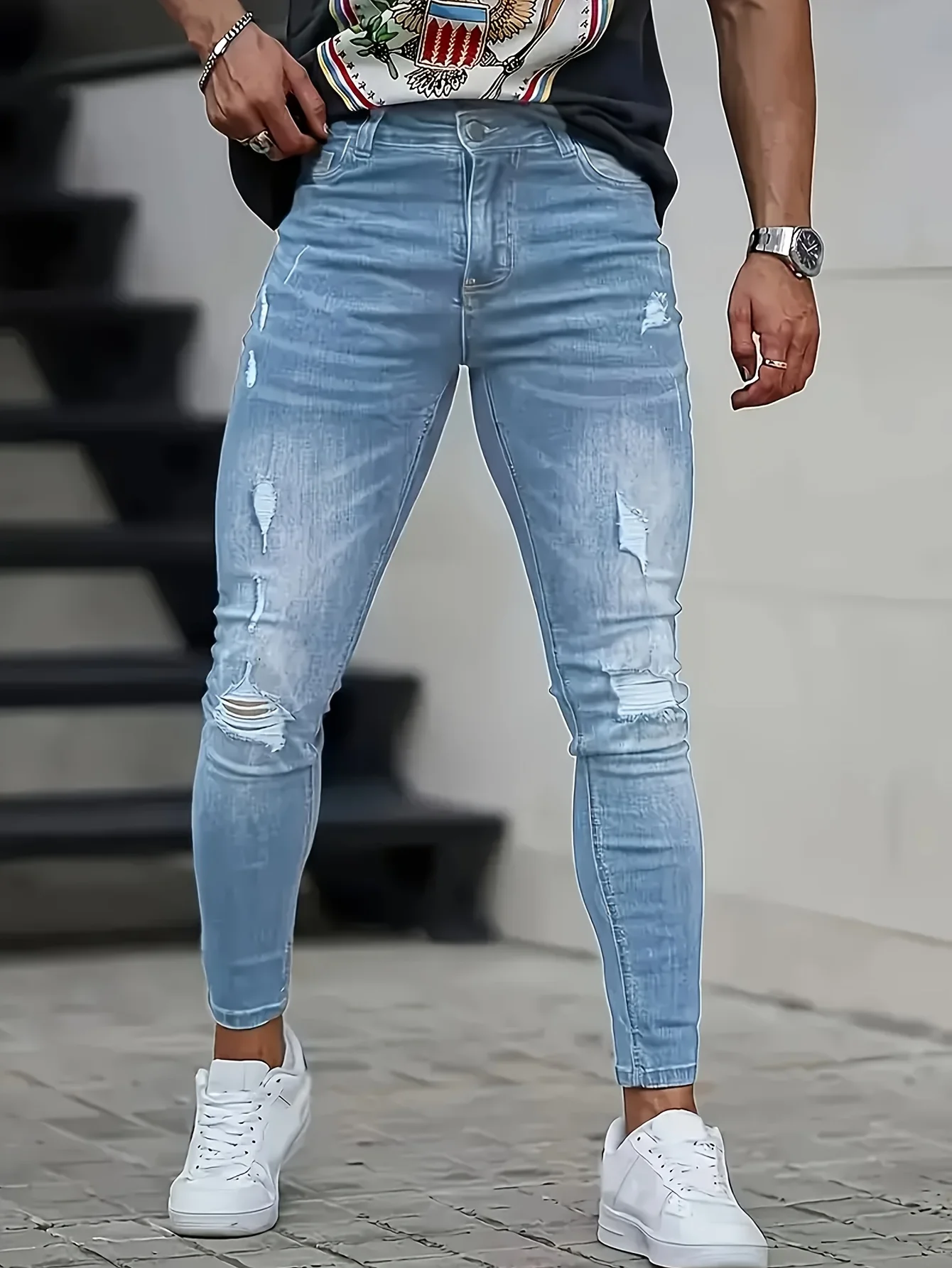 

Men's Lightweight Slim-Fit Stretch Jeans | Light Blue with Ripped Design, Versatile Casual Street Style | Cotton Blend for All S