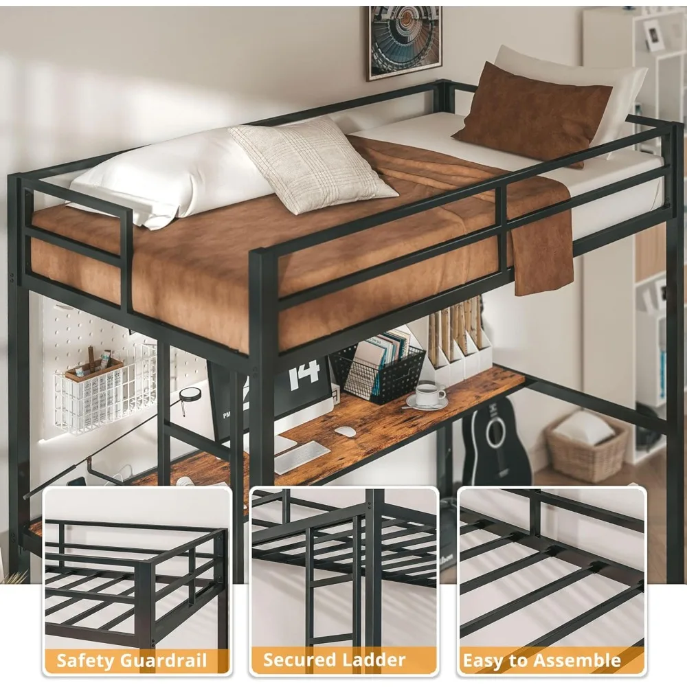 سرير علوي معدني مزدوج الحجم مع مكتب، مخرج طاقة، أضواء LED، موفر للمساحة، خالي من الضوضاء، أسود #6