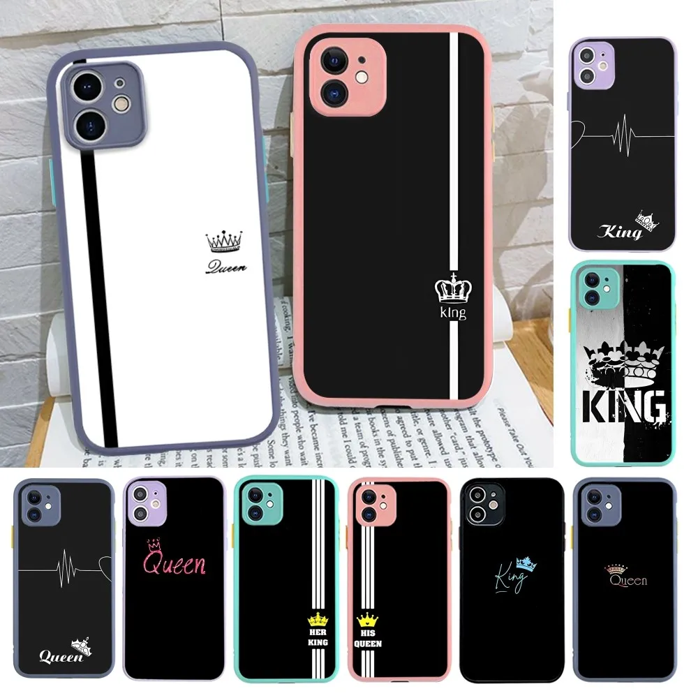 King Queen Lovers Phone Case for iPhone 14 11 12 13 Mini Pro Max 8 7 Plus X XR XS MAX Translucent Matte Cover