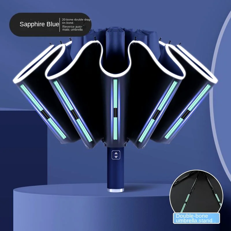 

Compact in size, the gem-blue automatic reverse umbrella is waterproof and UV-resistant.