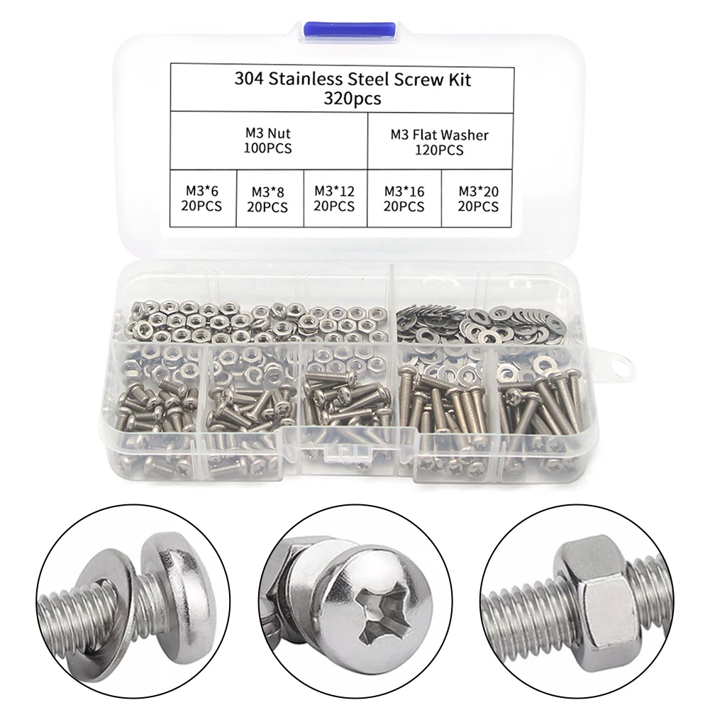 320Pcs M3- Hexagon Socket Head Cap Screws Bolts Set 304 Stainless Steel Bicycle- Hex Bolts Nut Flat Washer Kit M3- Screw