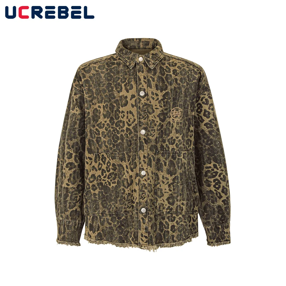 

Leopard Print Long Sleeve Shirts Mens Autumn Vintage High Street Loose Single Breasted Lapel Raw Edge Shirts Men