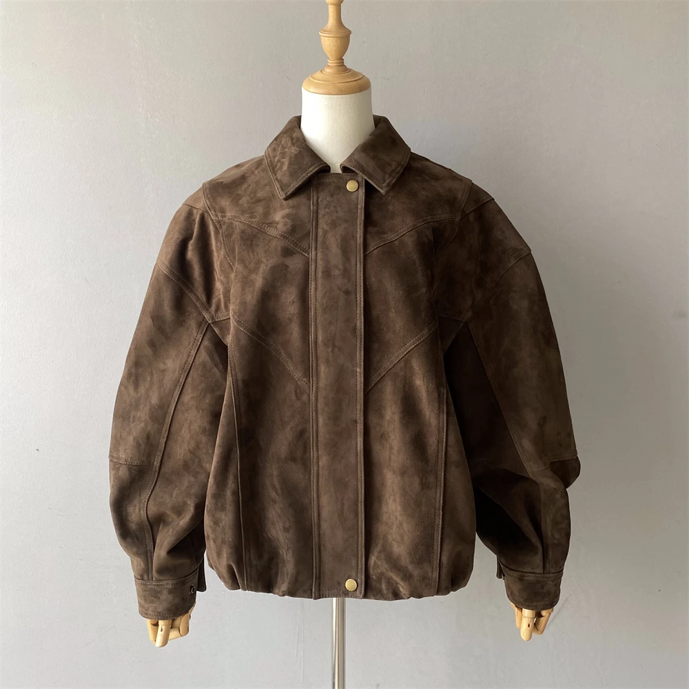 Luxyonuo リアルスエードレザーコート レディース 高級シープスキンジャケット ルーズスタイル フルスリーブ レザージャケット 2025秋冬新作