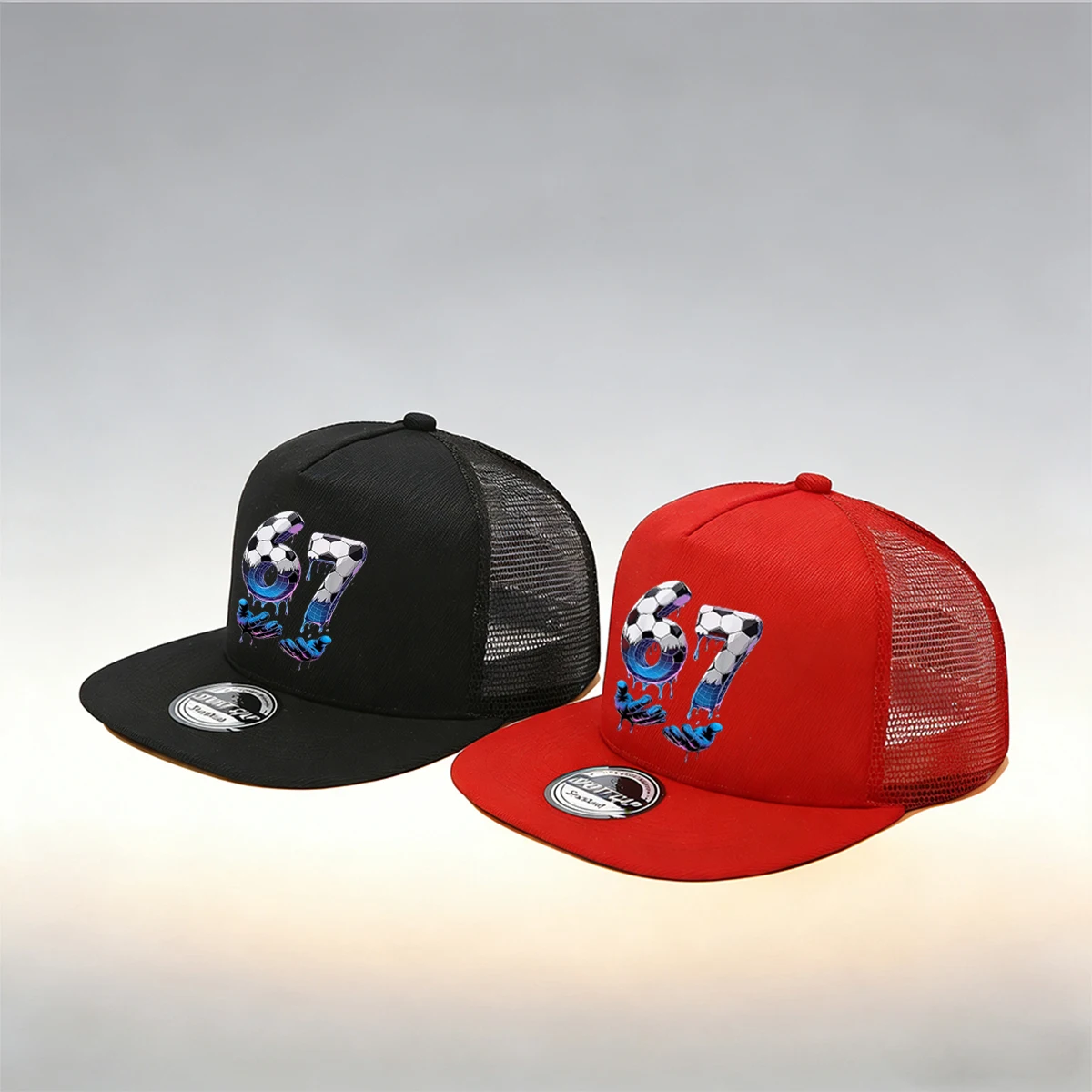 1/2PC Y2K Pink Soccer 67 Flat Brim Trucker Hat, Melting Drip Print, Breathable Mesh, Sporty Aesthetic Cap