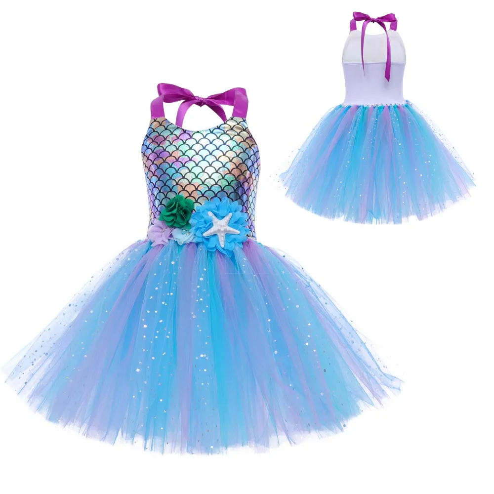 Sparkly Little Mermaid Dress Kid Girls Tutu Dress Halloween Costume Princess Birthday Party Pageant Summer Beach Tulle Dresses