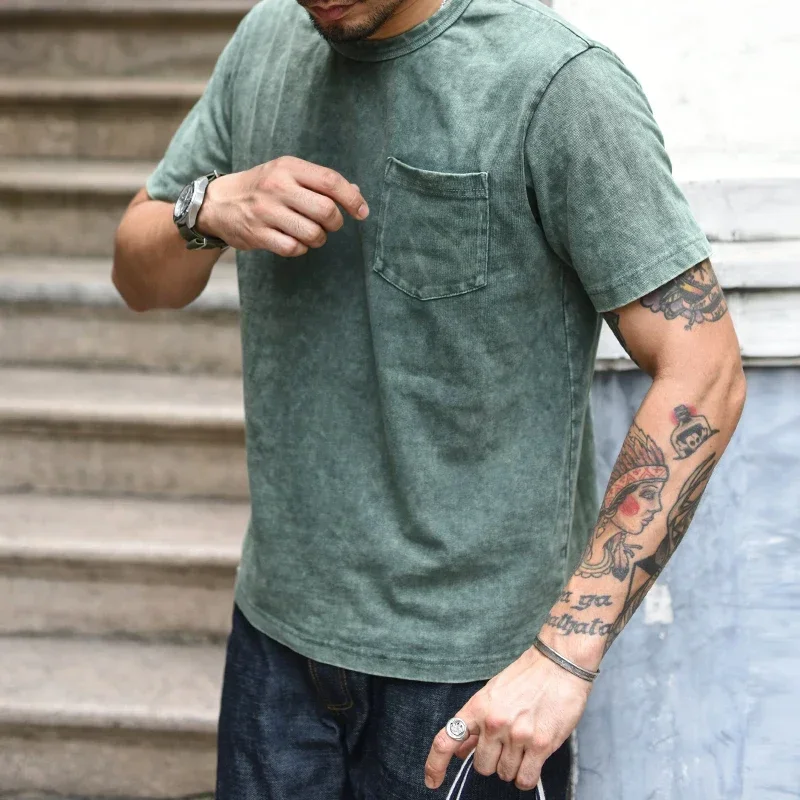 Saucezhan Oldtime stone washed tee Mens T-shirt VINTAGE Mens Batik T-shirt Pure Cotton Anti-deformation Soft Double-woven fabric