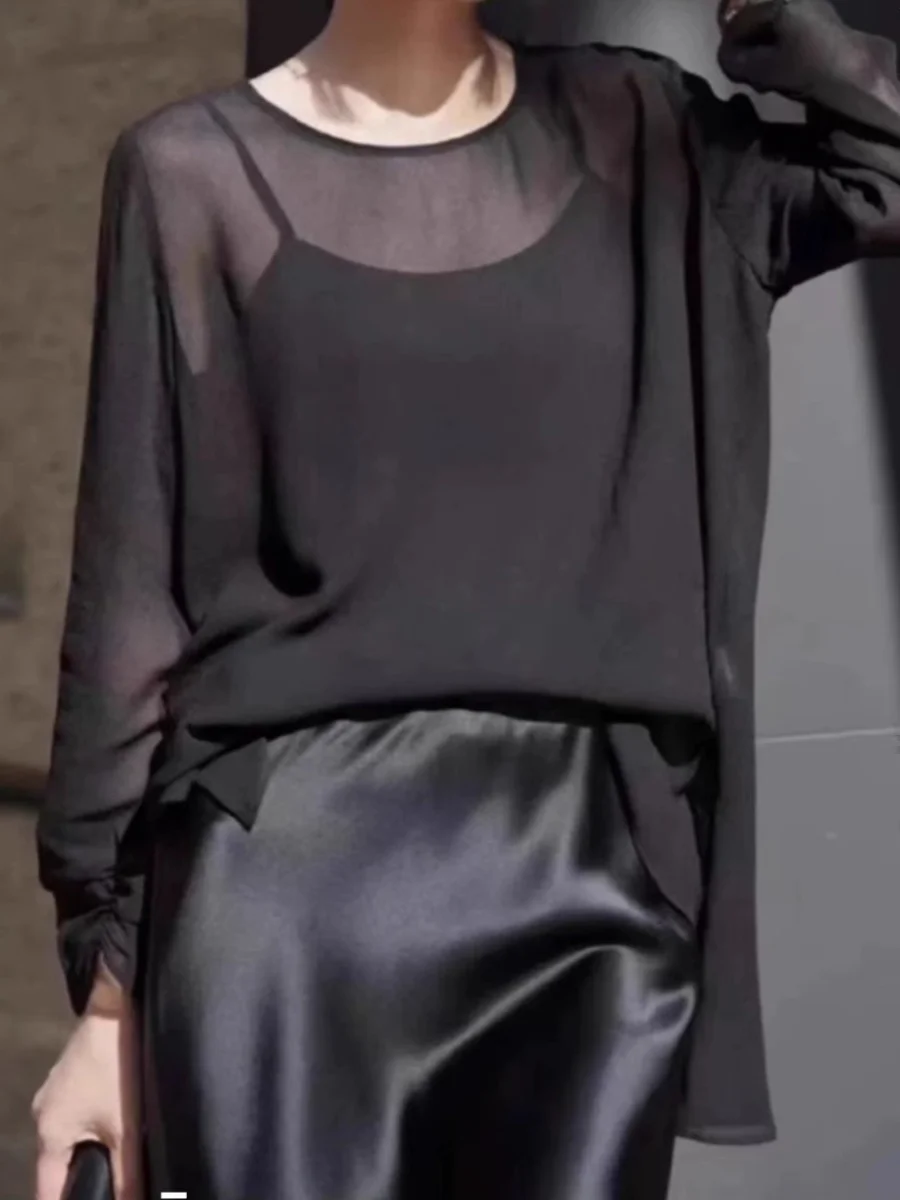 

Loose Fit Silk round Ne irt Women's Long Sve Color Gored Outerwear Air Conditioning Sun Protection Top