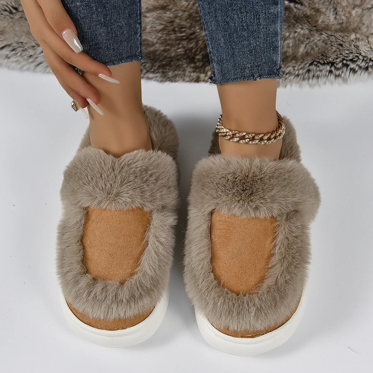 Winter Women Platform Fur Slippers Warm New Short Plush Flats Home Cotton Shoes Suede Slippers Slides Women Claquette Femme