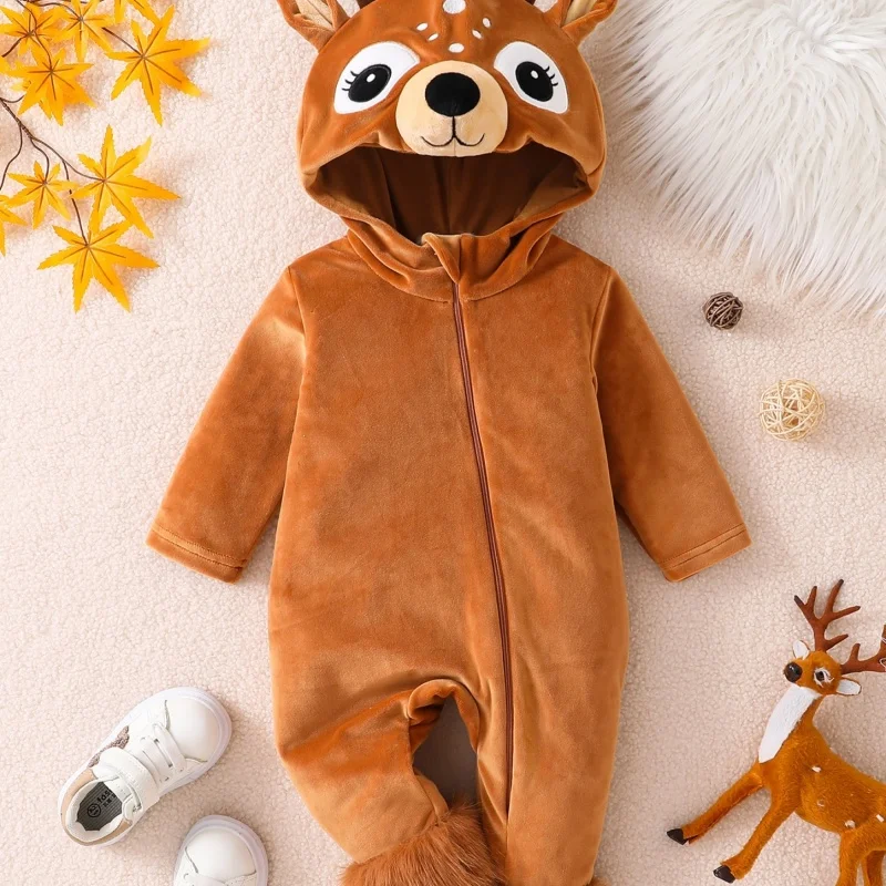 Reindeer Costume for Kids Christmas Halloween Animal Costume Fleece Long Sleeve Hood Zip Up Romper 1Piece Jumpsuit with Hooded