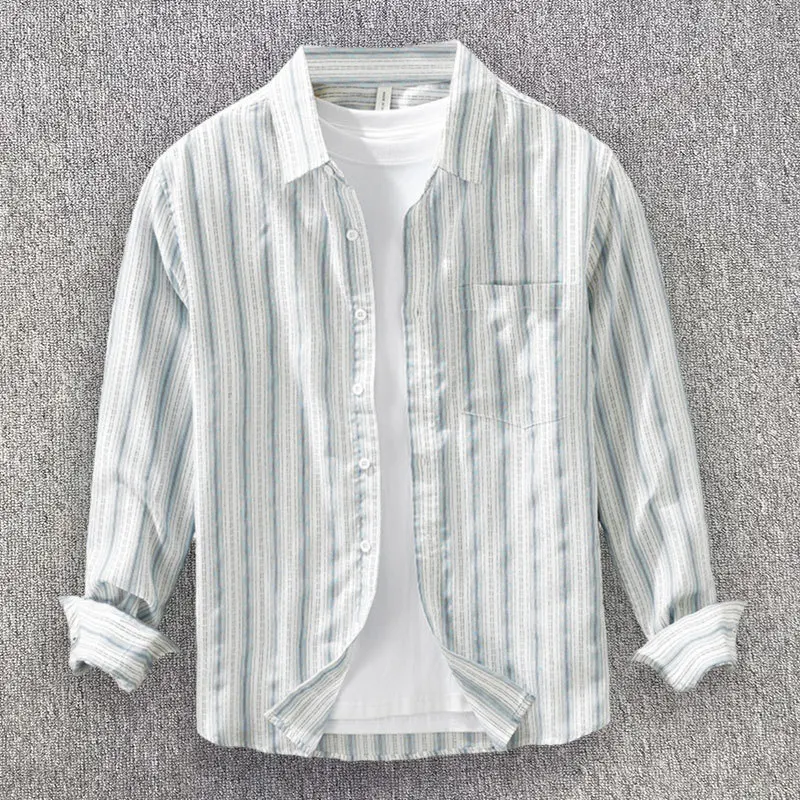 

Men Striped Long Sleeved Shirt Fashionable Artistic Collared Man Blouses Top Breathable Casual Chest Pocket Button Down Shirts