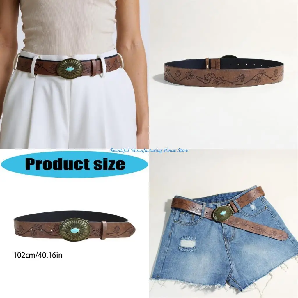 E56A Women PU Waist Belt Bohemian Design Embossed Pattern Waistband with Oval Buckles