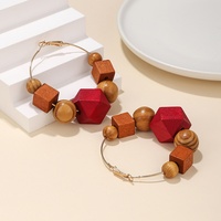 Vintage Earth Color Natural Geometric Wood Beaded Big Circle Hoop Earrings for Women Daily Wear Jewelry