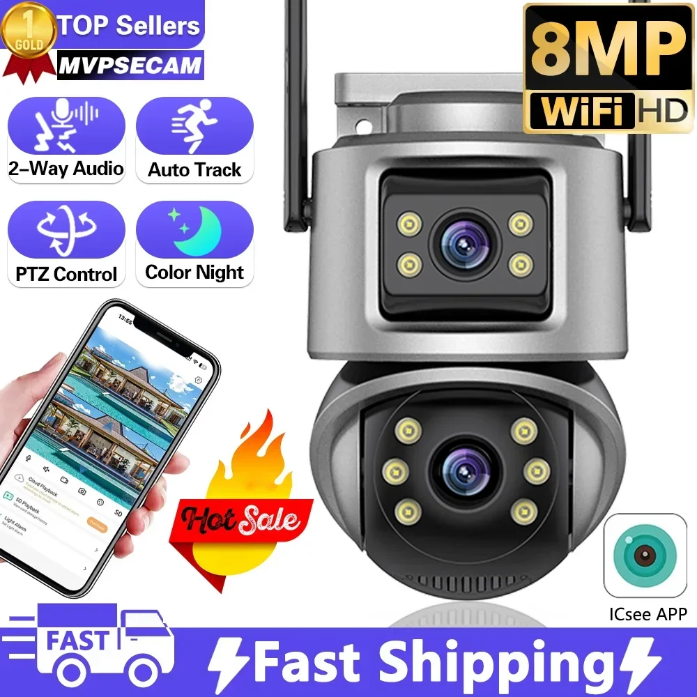 

Outdoor Wifi PTZ Camera 4K 8MP HD Dual-Lens Dual Screen Camera AI Auto Tracking 4MP Video Surveillance Human Detect Alarm iCSee