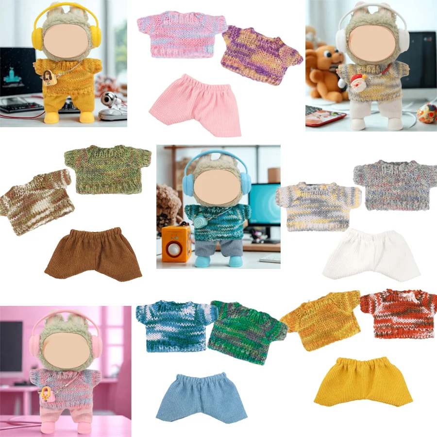 

For Labubu 17cm Doll Accessories Color Gradient Sweater Light Core Velvet Pants Simulation Pendant Earphones Shoes Set