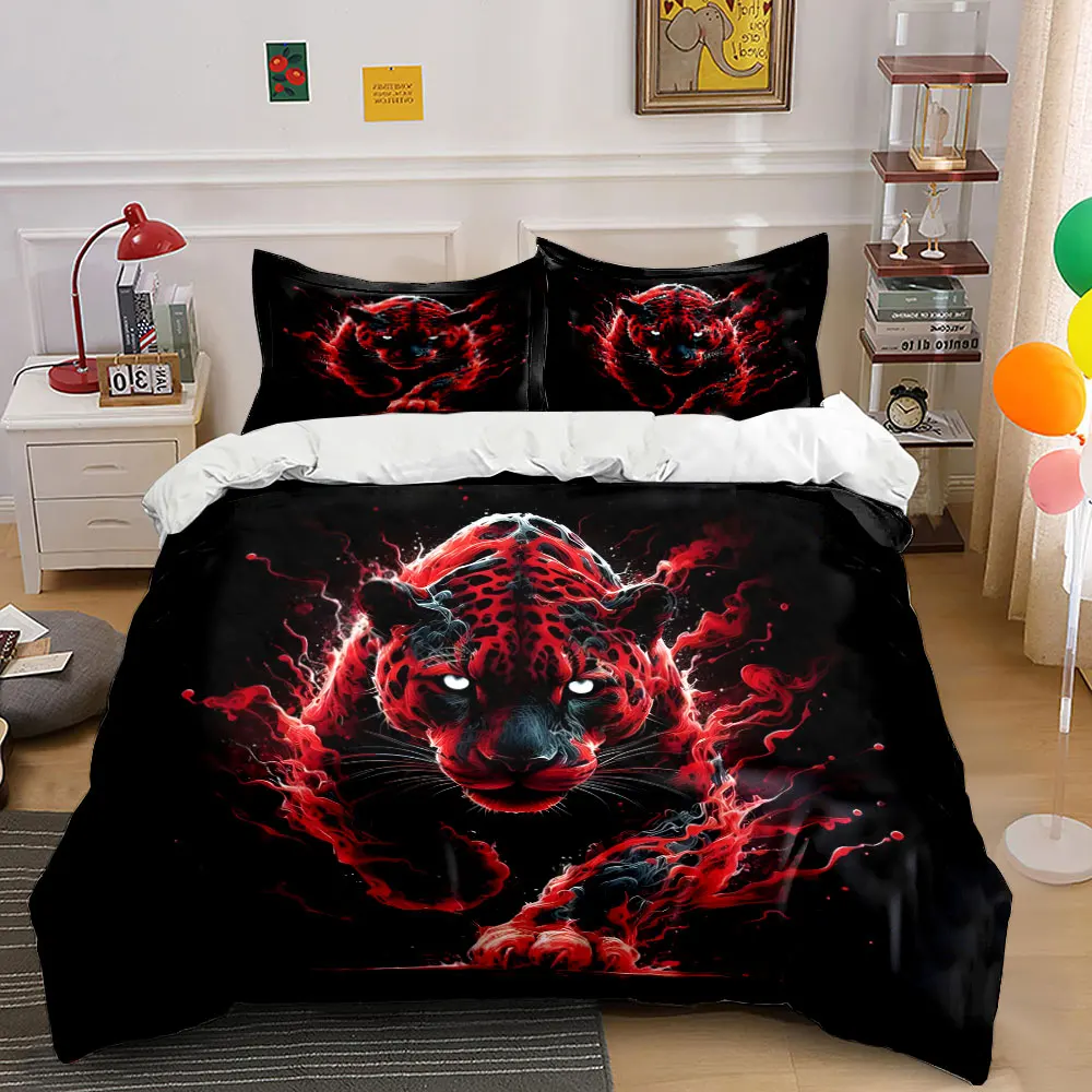 3pcs Red Jaguar with Fiery Effects Print Bedding Set 1 Duvet Cover 2 Pillowcases for Adult and Children Luxury Gift Full Size