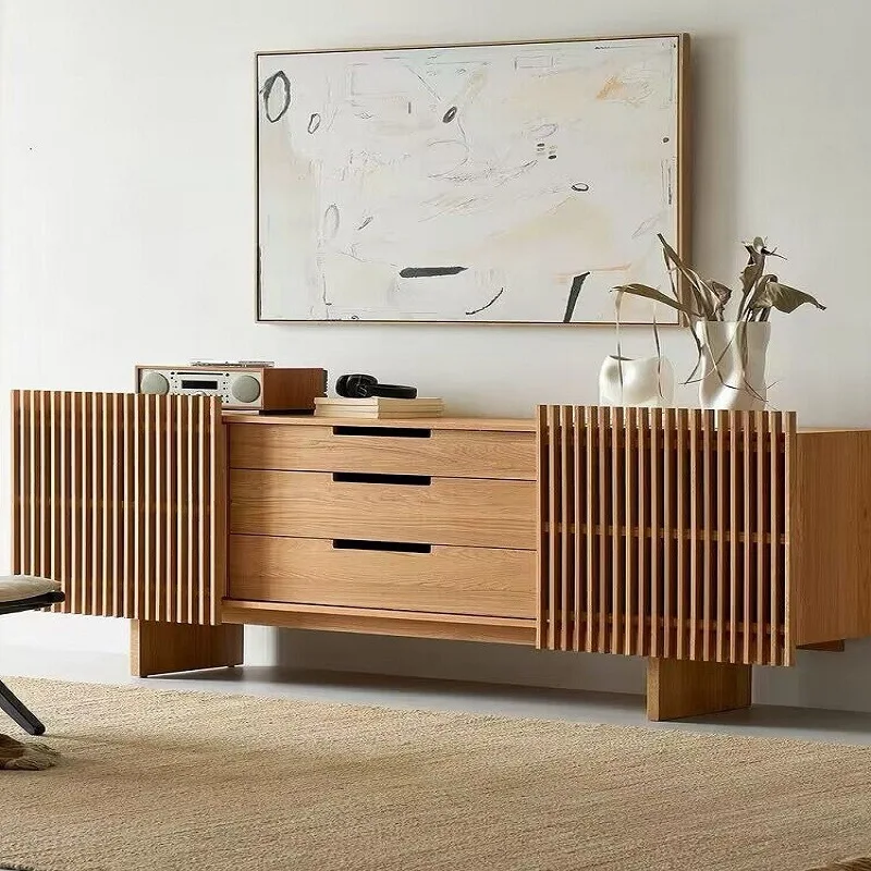 

Solid wood dining side cabinet Nordic large-capacity three-layer cabinet locker black high-end light luxury TV cabinet floor