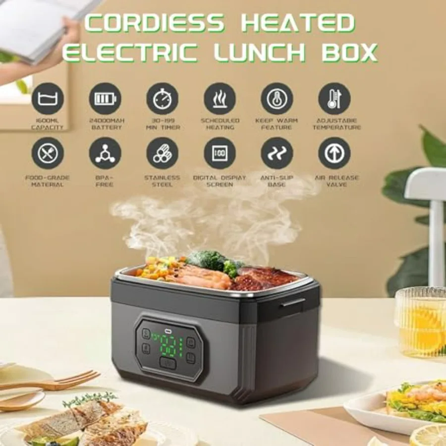 صندوق غداء كهربائي للبالغين - صندوق غداء كهربائي لاسلكي سعة 1.6 لتر بقدرة 24000 مللي أمبير في الساعة يعمل بالبطارية، تسخين 5 جوانب وحجز ذكي #2